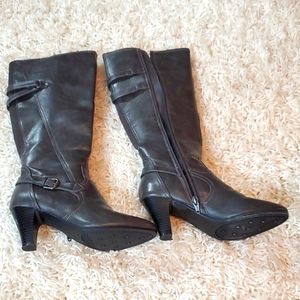 knee-high heeled boots, buckle & zipper details,block heel Faux leather Size 6.5